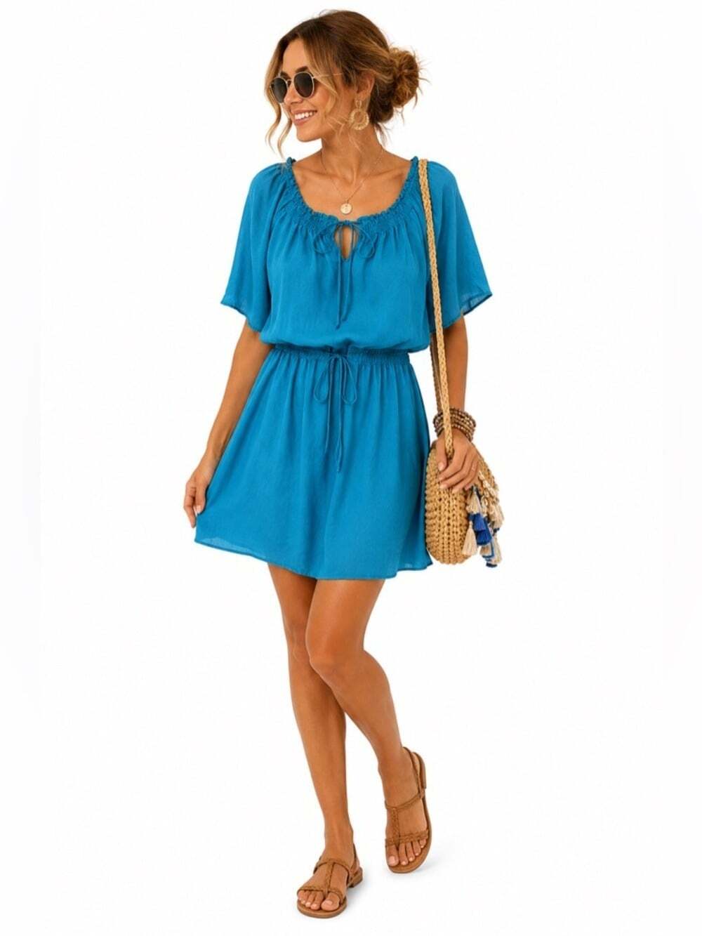 Ann Taylor Loft Turquoise Elastic Waist Tie Neck Shirt Sleeved MIDI Dres…